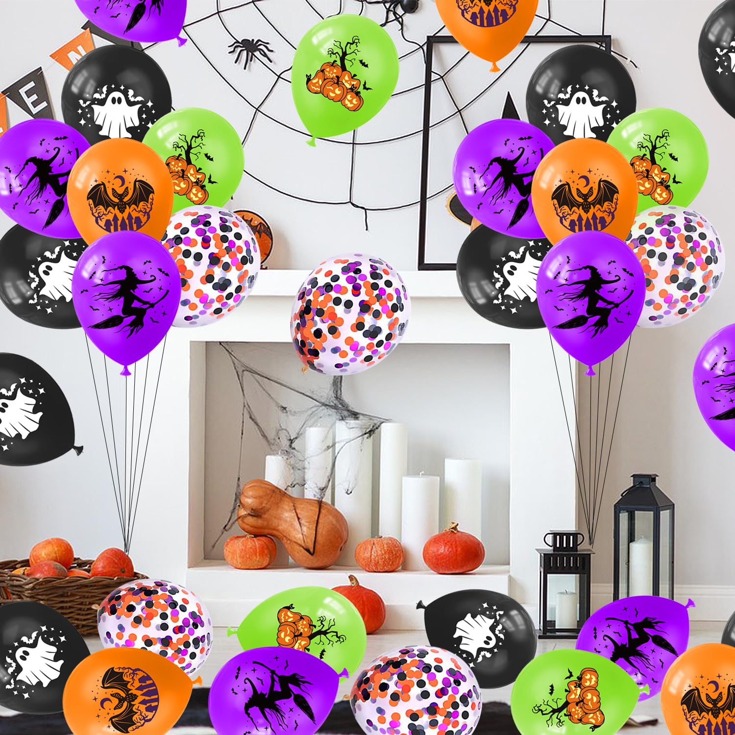 KORHONEN Halloween Balloon, 60Pcs Halloween Party Decorations 12Inch Purple Orange Green Black Confetti Latex Balloons for Halloween Party Supplies