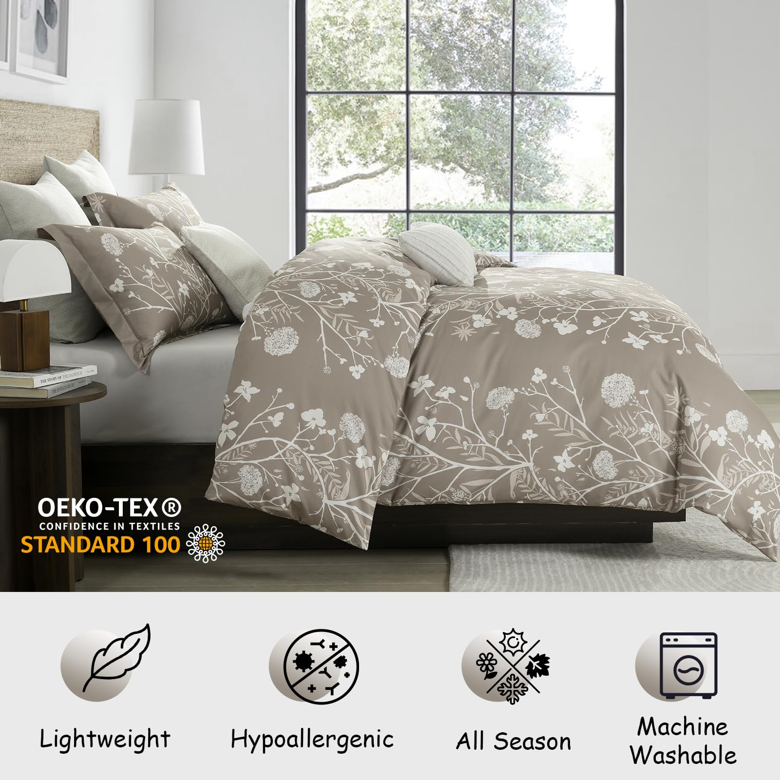 Bedduvit Floral Duvet Cover Queen Size - Tan Leaf Queen Duvet Cover Set, Soft Breathable Flower Patterned All Season Duvet Covers with Zipper Closure & 8 Ties (90"x90")