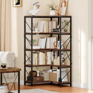 YITAHOME Corner Bookshelf, Industrial Corner Shelf 5 Tier Bookcase, Large Display Rack Storage for Bedroom, Living Room, Home Office,Rustic Brown