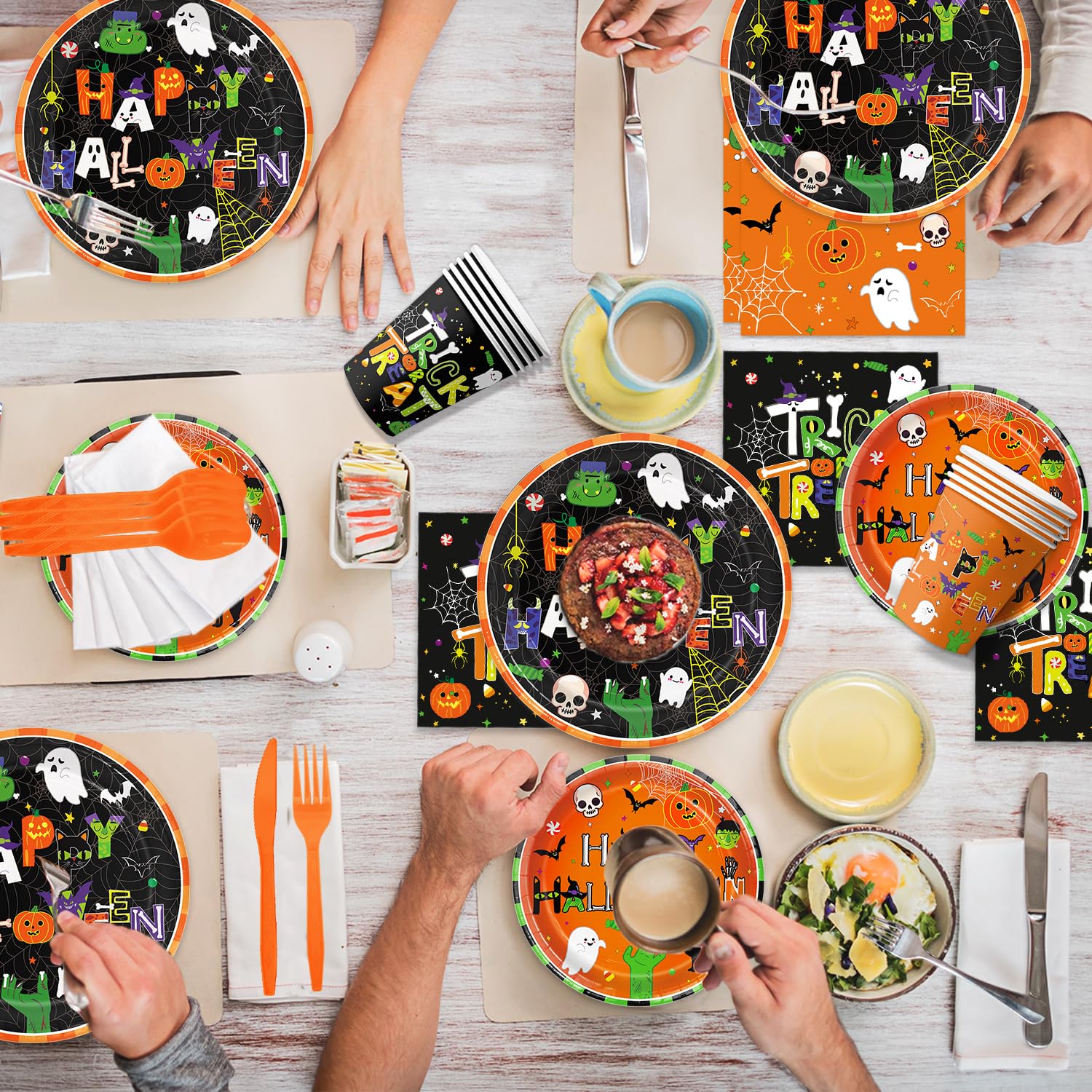 Halloween Party Supplies Set, Halloween Party Supplies Decoration - Paper Plates, Napkins, Cups, Cutlery, Banner and Hanging Swirls - 24 Serves