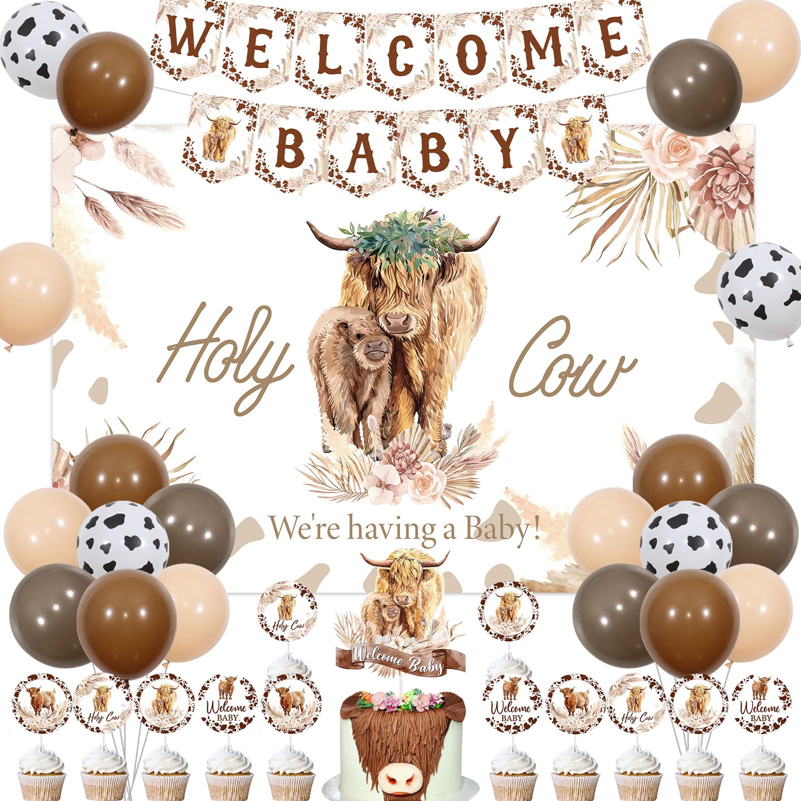 JOYMEMO Brown Highland Cow Baby Shower Decorations for Boy, Holy Cow We are Having a Baby Backdrop Decor with Welcome Baby Print Banner Cake Topper, Farm Highland Cattle Baby Shower Party Supplies