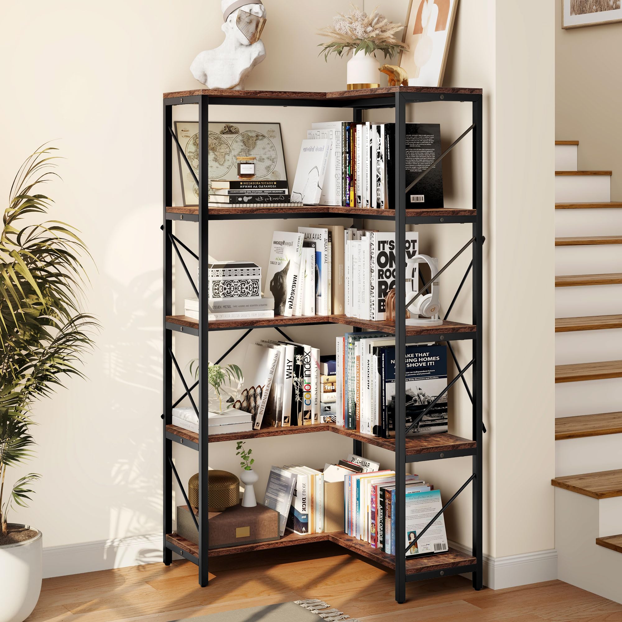 YITAHOME Corner Bookshelf, Industrial Corner Shelf 5 Tier Bookcase, Large Display Rack Storage for Bedroom, Living Room, Home Office,Rustic Brown