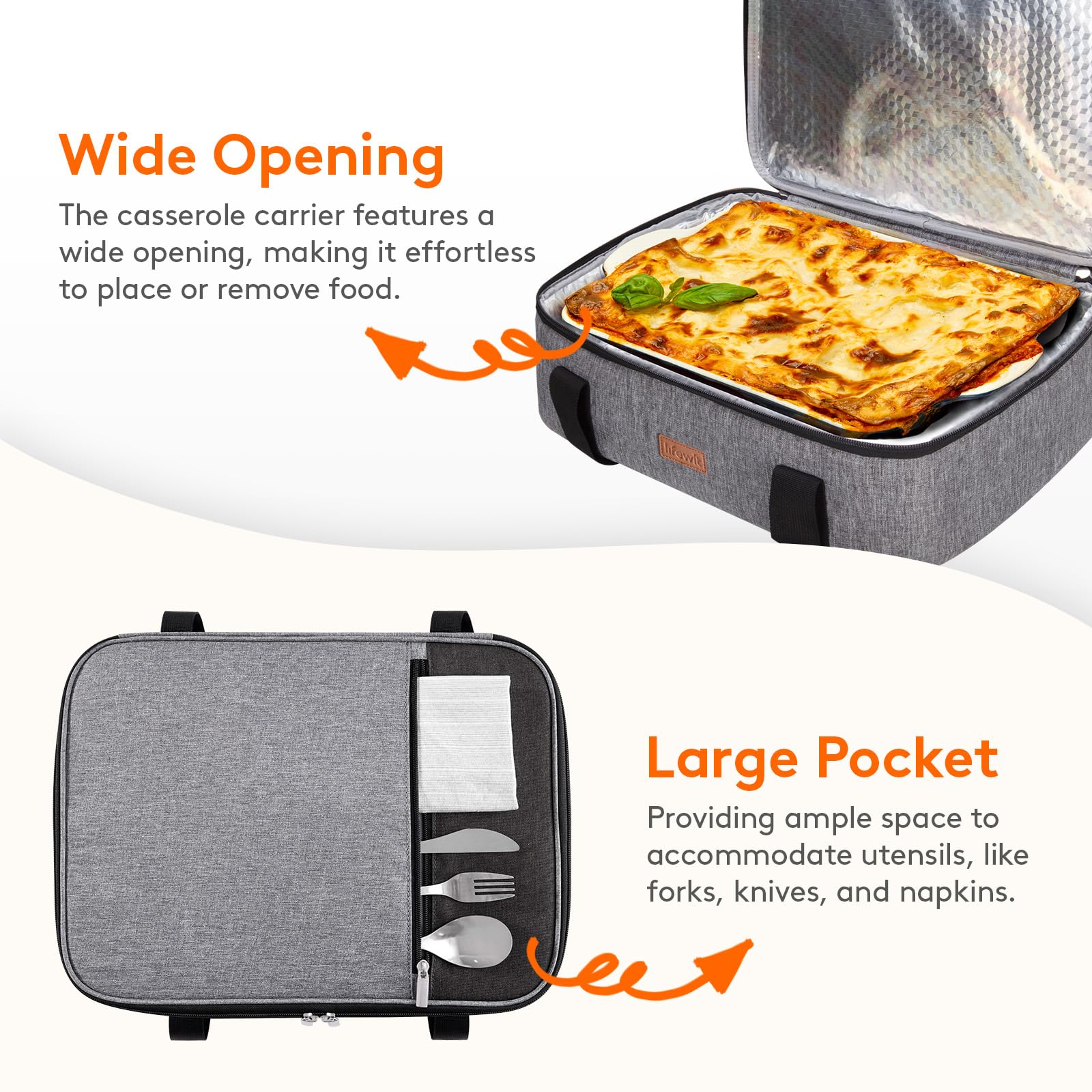 Lifewit Insulated Casserole Carrier for Hot or Cold Food, Casserole Dish Carrying Case, Lasagna Holder for Potluck Parties/Picnic/Cookouts, Fits 9"x13" Baking Dish, Grey