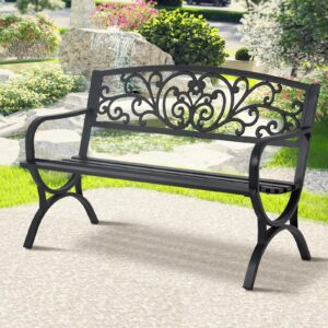 yrllensdan 50" outdoor bench w/floral design backrest garden bench, cast iron patio bench arch legs metal benches for porch lawn front porch, black