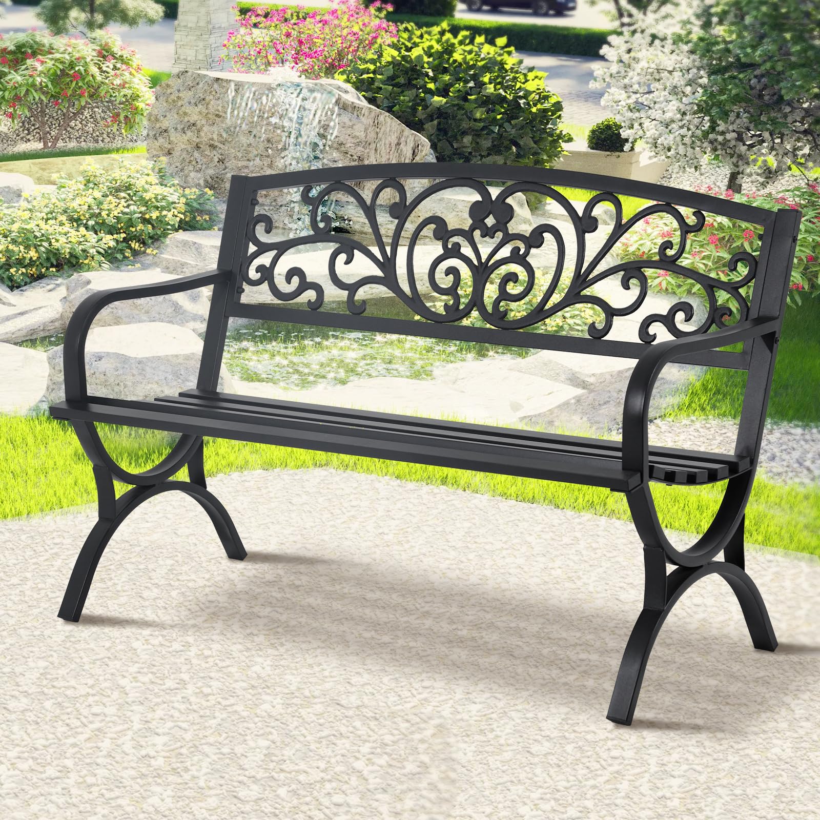 YRLLENSDAN 50" Outdoor Bench w/Floral Design Backrest Garden Bench, Cast Iron Patio Bench Arch Legs Metal Benches for Porch Lawn Front Porch, Black