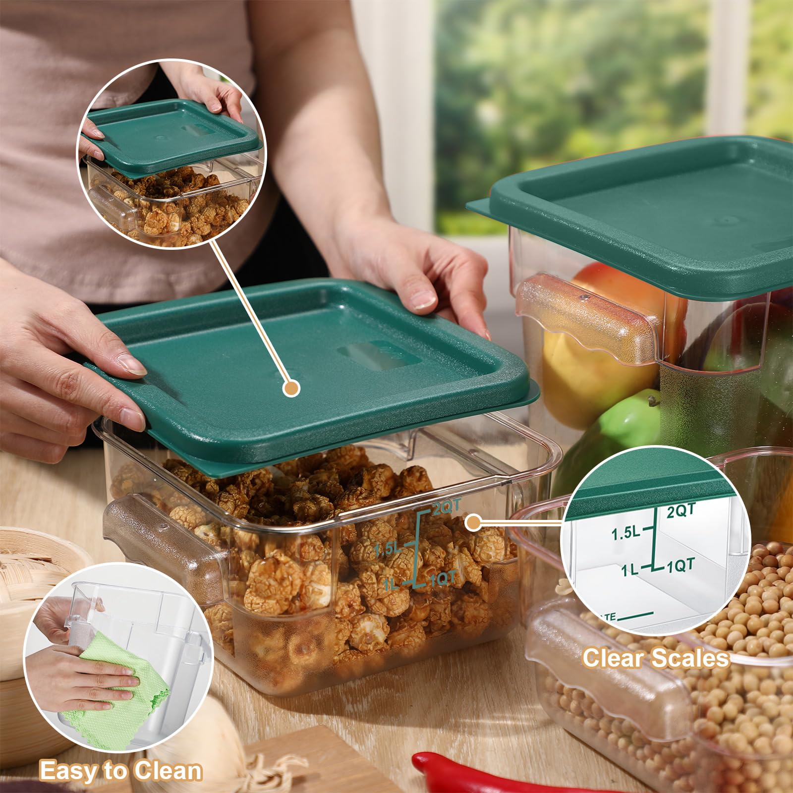 Barydat 4 Pcs Food Storage Container with Lids Set 2qt and 4qt Square Clear Commercial Containers with Scales Handles for Home Restaurant Kitchen Food Storage, Proof Dough, Marinating Meat (Green)