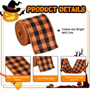 TONIFUL 2.5 Inch Orange Black Buffalo Plaid Burlap Ribbon Wired Edge Ribbon Thanksgiving Fall Halloween Christmas Wired Ribbon for Crafts Gift Tree Topper Wreath Bows Outdoor Indoor Decorations 6yds