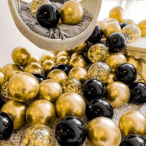 Black and Gold Balloons Kit, 12 Inches Metallic Gold Balloons Confetti Balloon and Black Balloons with Ribbon for Birthday Graduation New Year Decorations.50Pcs