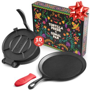 uno casa cast iron tortilla press 10 inch with cast iron comal pan - bundle of cast iron tortilla skillet for roti pan, tawa pan, dosa pan & tortilla press pataconera