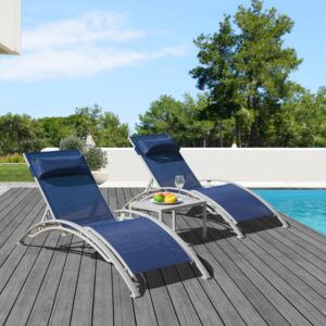 domi lounge chair set of 3, aluminum lounge chairs for outside with 5 adjustable positions, chaise lounge outdoor for pool, garden, beach, 2 pool chairs and 1 side table(blue)