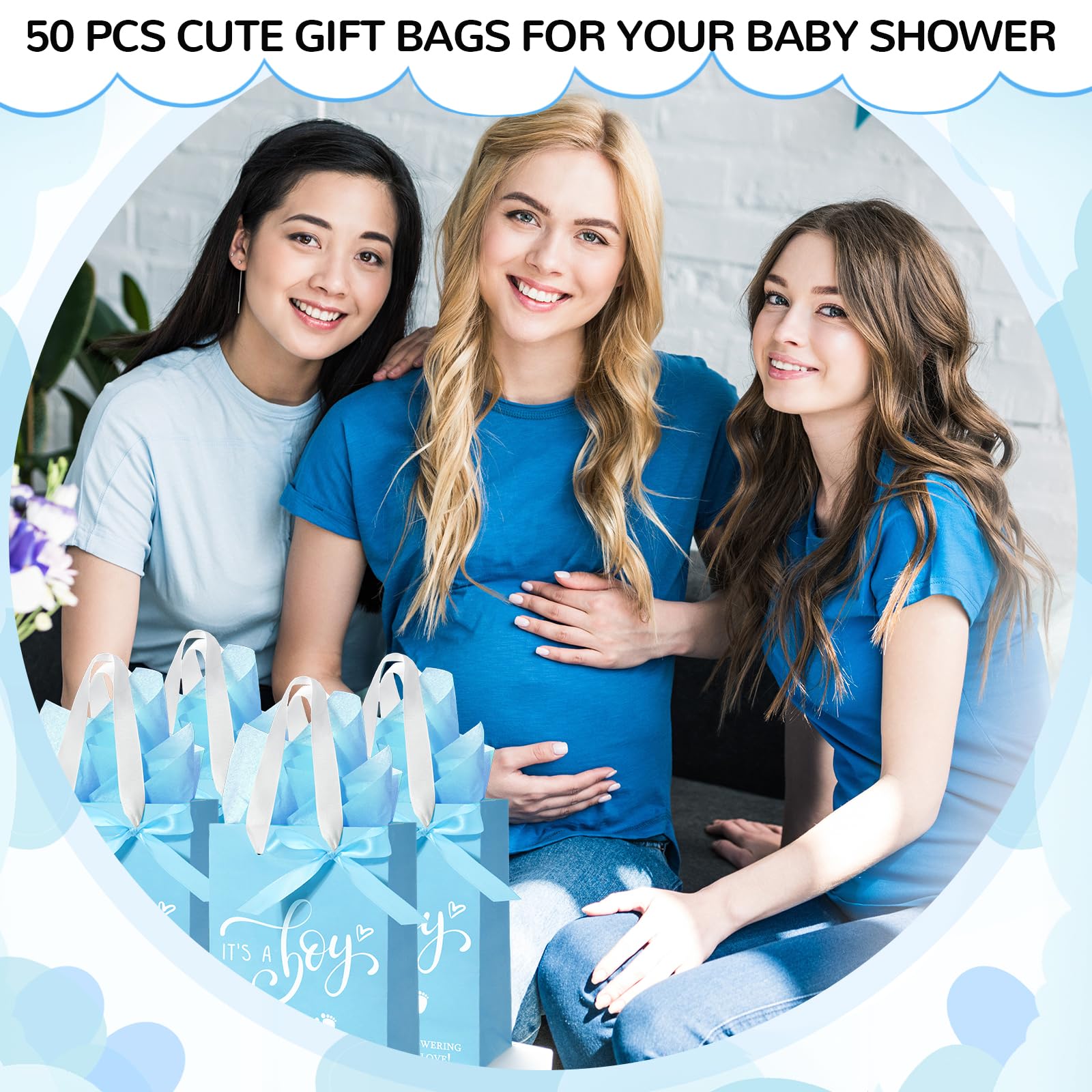 Qilery 50 Sets 8" Baby Boy Gift Bags with Tissue Paper It's a Boy Baby Shower Bag Blue Baby Shower Bags with Handle Paper Gift Bag for Guests Gender Reveal Baby Shower Party Favors