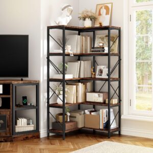 YITAHOME Corner Bookshelf, Industrial Corner Shelf 5 Tier Bookcase, Large Display Rack Storage for Bedroom, Living Room, Home Office,Rustic Brown