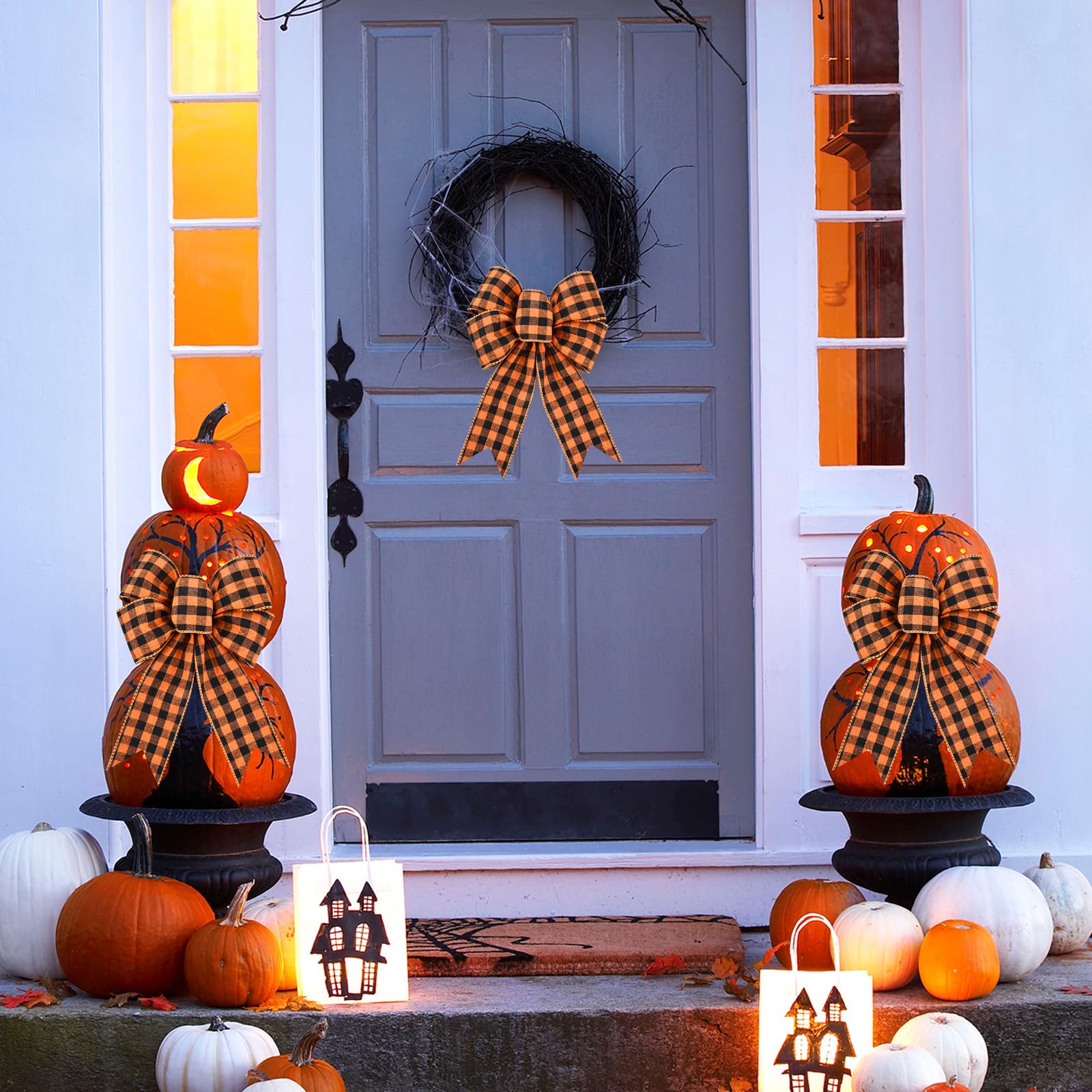 TONIFUL 2.5 Inch Orange Black Buffalo Plaid Burlap Ribbon Wired Edge Ribbon Thanksgiving Fall Halloween Christmas Wired Ribbon for Crafts Gift Tree Topper Wreath Bows Outdoor Indoor Decorations 6yds