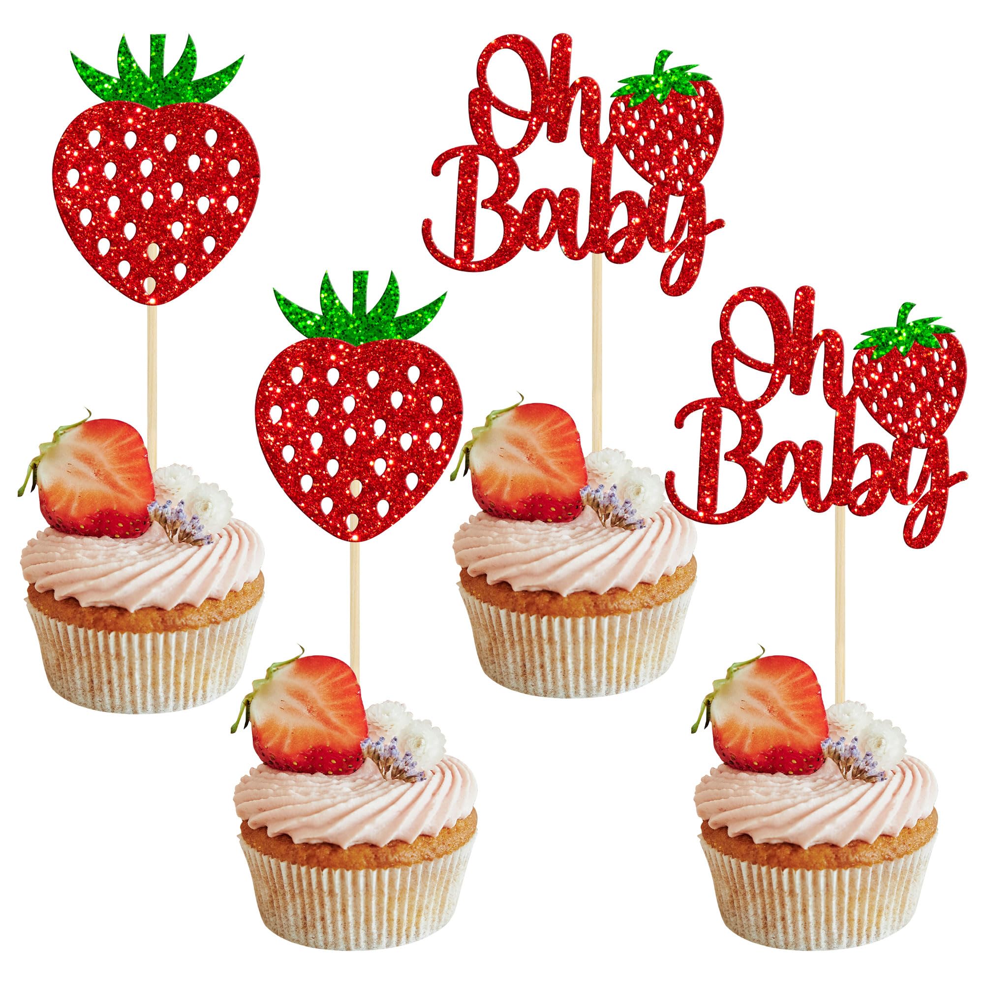 24 Pack Sweet Oh Baby Cupcake Toppers Glitter Oh Baby Strawberry Cupcake Picks Fruit Berry Cupcake Decorations for Summer Strawberry Baby Shower Kids Birthday Party Supplies Red