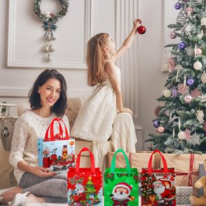 Chapou 100 Pcs Christmas Gift Bag Bulk Reusable Christmas Bags with Handles 9.06 x 8.66 x 4.33 in Xmas Tote Bags Snowman Santa Claus Non Woven Shopping Goodies Bags for Xmas Holiday Party Supplies