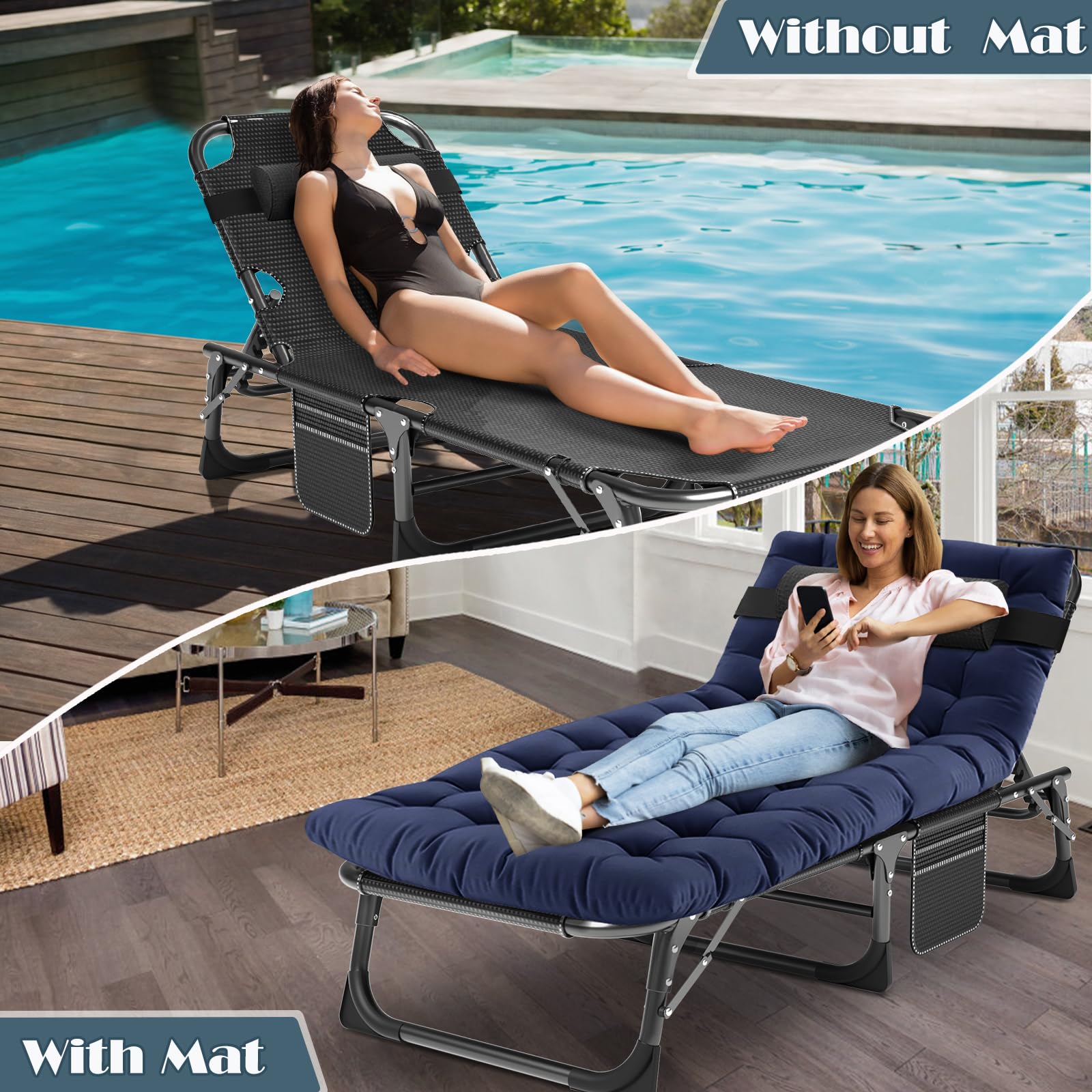 MOPHOTO Folding Chaise Lounge Chair 5-Position, Folding Cot, Heavy Duty Patio Chaise Lounges for Outside, Poolside, Beach, Lawn, Camping (Lounge Cot, Breezy Oceanic)