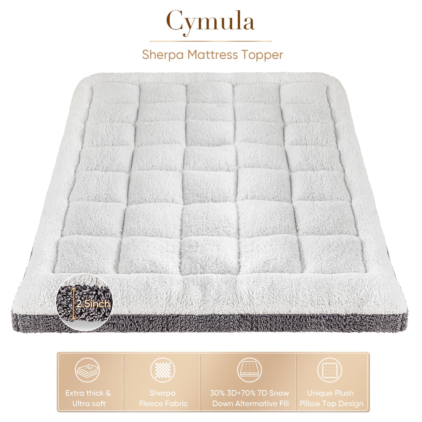 CYMULA Twin XL Mattress Topper,Cymula Sherpa Pad for College Dorm Bed 2inch Extra Thick Cover with 900GSM Down Alternative Soft Plush Pillow Top 8-21'' Deep Pocket,39x80in White