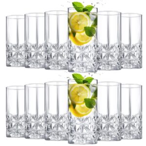 uiifan set of 12 tall highball glasses 12 oz crystal drinking glasses clear fancy glass cups vintage textured designer glassware for cocktail tea water beer soda beverages, dishwasher safe