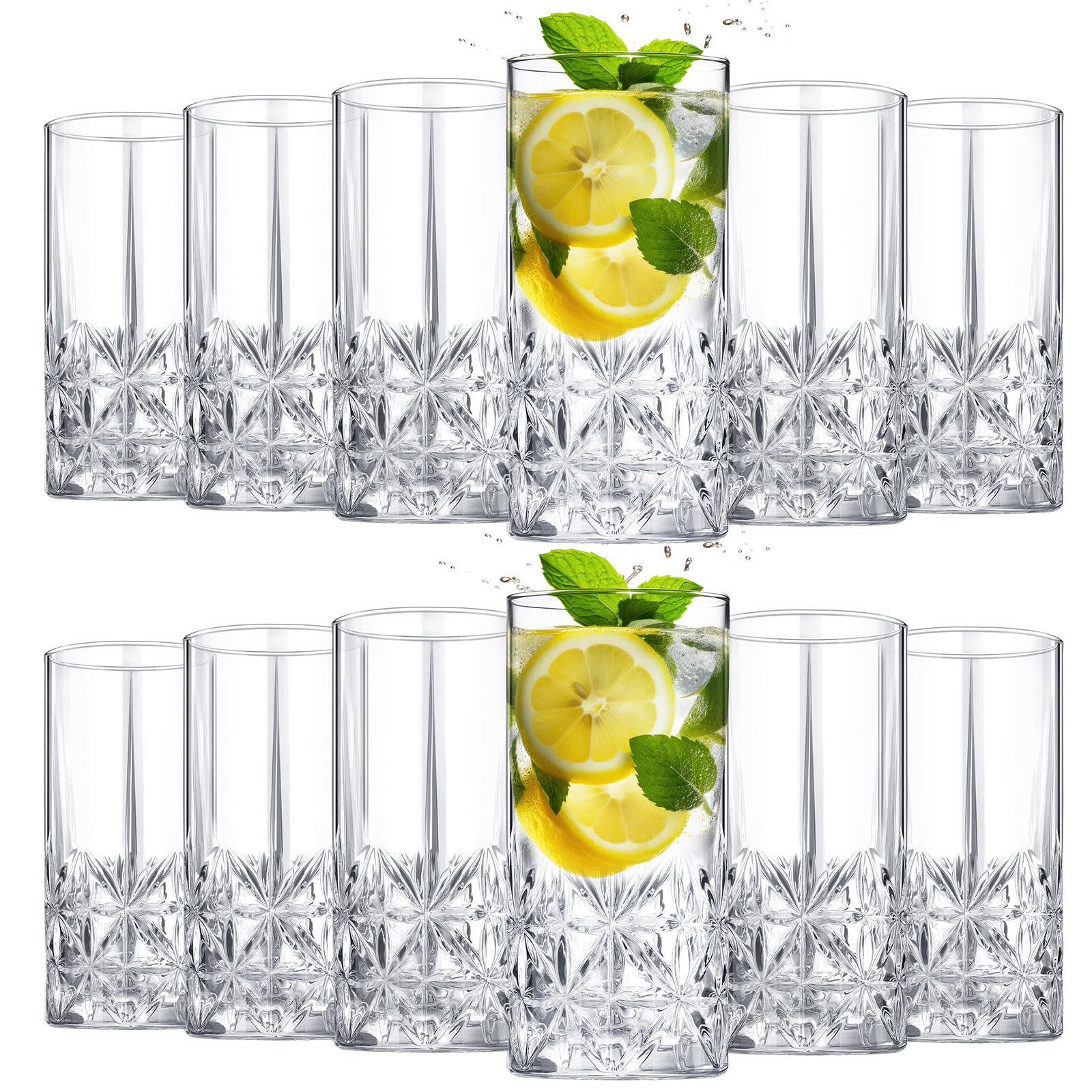 Uiifan Set of 12 Tall Highball Glasses 12 oz Crystal Drinking Glasses Clear Fancy Glass Cups Vintage Textured Designer Glassware for Cocktail Tea Water Beer Soda Beverages, Dishwasher Safe