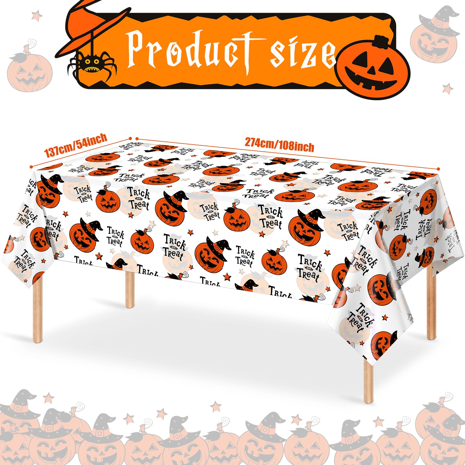 3 Pack Halloween Plastic Tablecloth Decorations, Trick or Treat Halloween Disposable Table Cloth, Halloween Pumpkin Rectangle Table Cover for Kids Indoor Halloween Party Decorations, 54 x 108 Inch