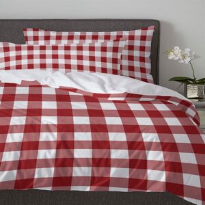 Bedding Duvet Covers Set 3 Piece Set, Red White Buffalo Grid Twin Red White Buffalo Grid Duvet Cover and 2 Pillow Cases Set, Ultra Soft and Breathable, All Season Microfiber Reversible Bedding