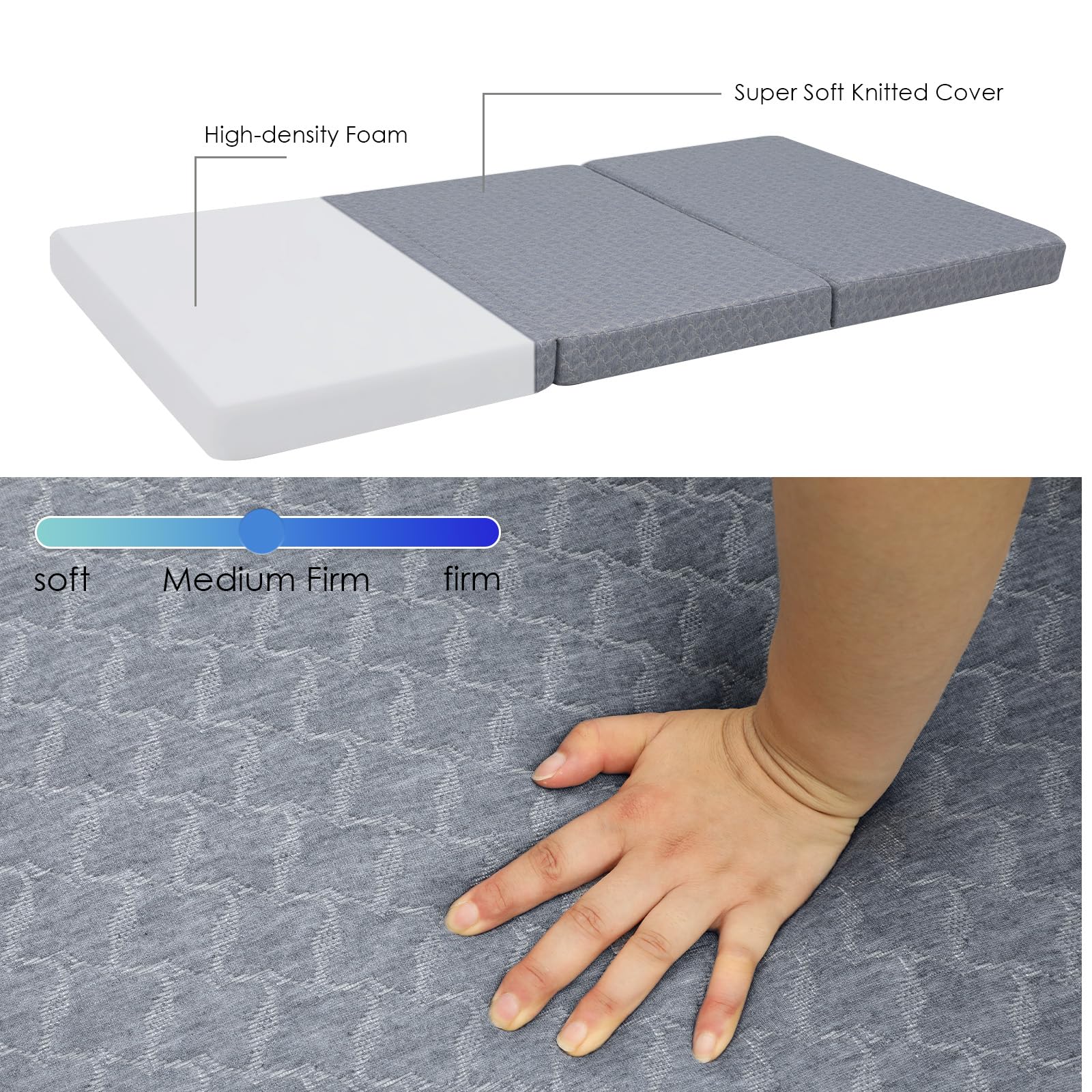 MeMoreCool Tri Folding Mattress Single, Foldable Mattress Trifold Foam Bed Floor Mattress for Adults, Portable Mattress Tri Fold Guest Bed, Fold Up Futon Floor Sleeping Mat Tri-Fold Mattress