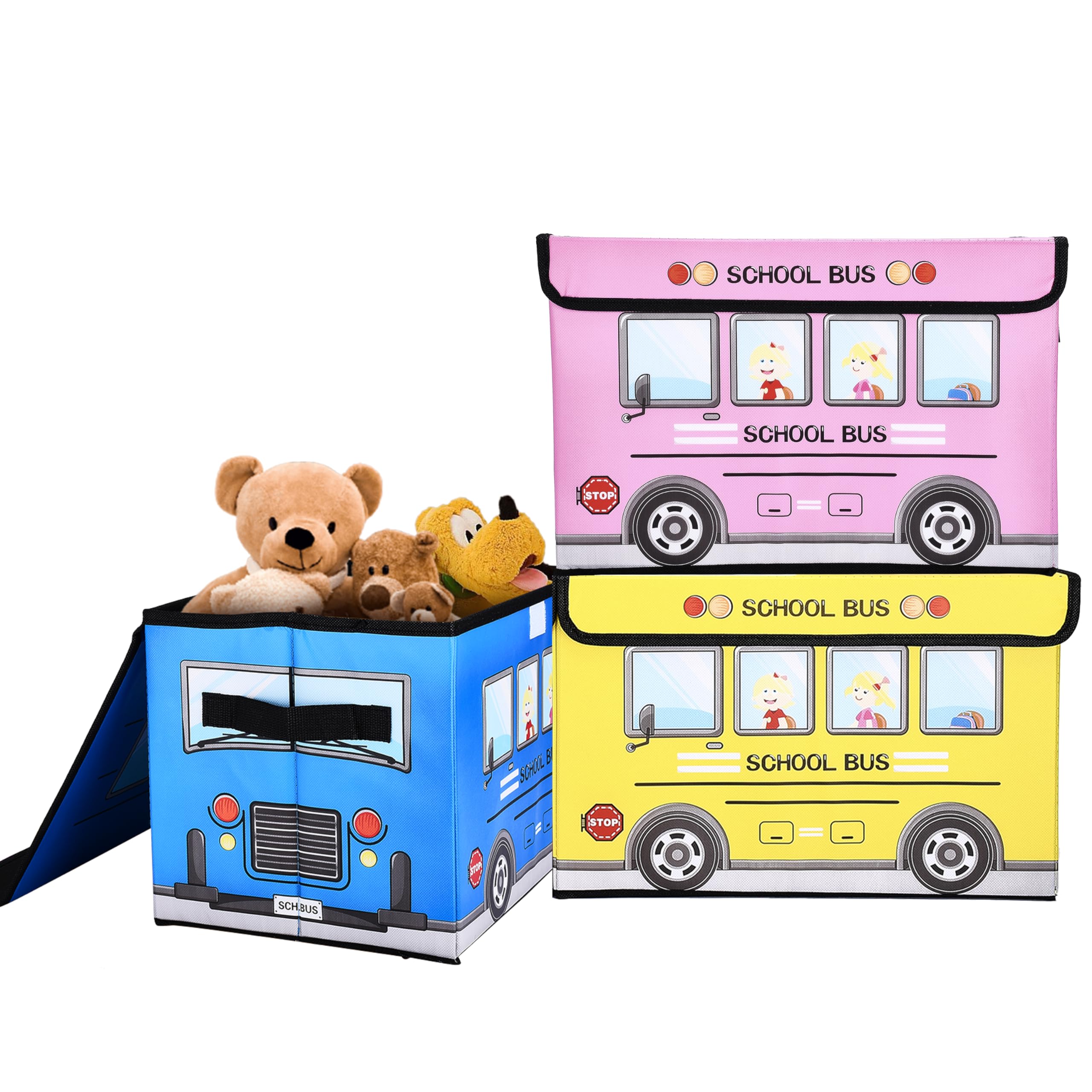 Brynnberg Foldable Toy Storage Box - Set of 3 Large Collapsible Toy Organizers - Sturdy, Soft Cloth Bins with Dustproof Flip-Top Lid - Space-Saving - Yellow, Blue, Pink - 14.9"x9.8"x9.8"