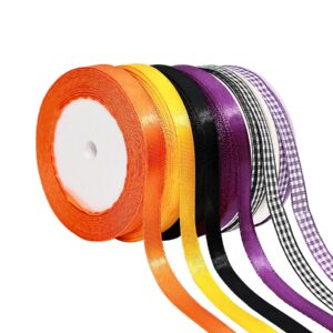 6 rolls 150 yards halloween ribbons 10mm wide holiday gift wrapping satin ribbon for halloween party decoration, diy bows crafts