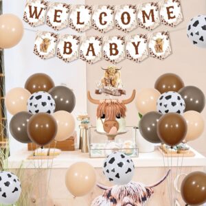 JOYMEMO Brown Highland Cow Baby Shower Decorations for Boy, Holy Cow We are Having a Baby Backdrop Decor with Welcome Baby Print Banner Cake Topper, Farm Highland Cattle Baby Shower Party Supplies