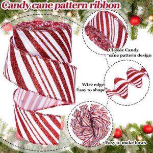 Whaline 2 Rolls 20 Yards Christmas Wired Edge Ribbons Glitter Red White Stripes Ribbon Christmas Candy Cane Gift Wrapping Ribbons for DIY Wreath Floral Arrangement Bow Decoration Supplies, 1.5 Inch