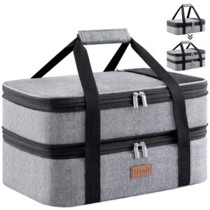 lifewit insulated double casserole carrier thermal lunch tote for potluck parties, picnic, beach, fits 9 x 13 inches casserole dish, expandable by mid zipper, grey