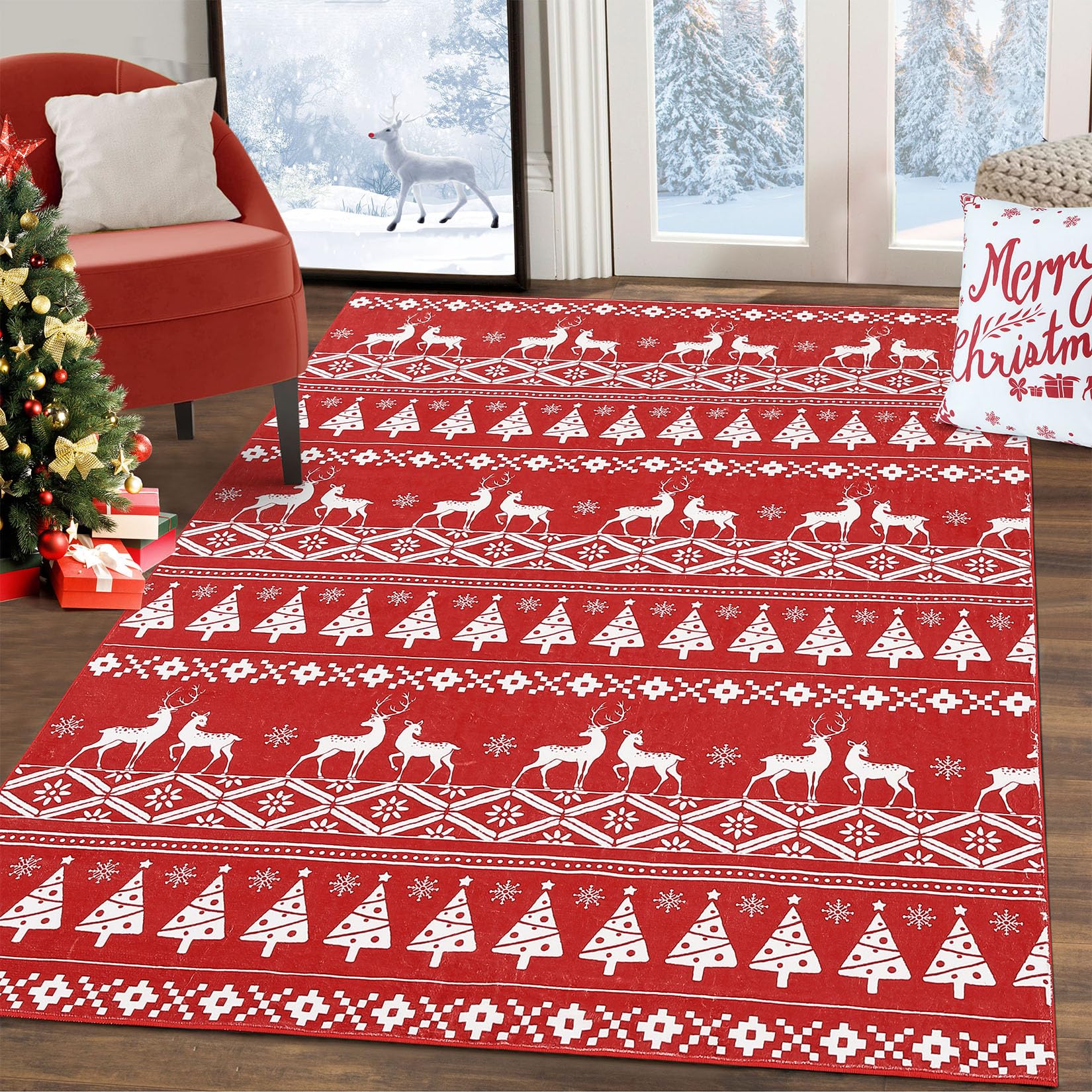 RUGSREAL Washable Christmas Area Rug Christmas Tree and Deer Boho Area Rugs Carpet Holiday Decorative Carpet Rug Velvet Foldable Coffee Table Accent Rug Farmhouse Dining Table Rug, 4' x 6'