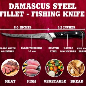 Hercules Knives Custom Hand Forged Damascus Steel Fillet Knife Fisherman's Filet G-10 Micarta Handlle Leather Sheath Fixed Blade Handmade Knife Ultra Sharp Edge(Damascus Steel)