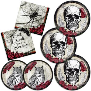 ecohola spooky halloween dinnerware party supplies, 9" dinner plates, 7" dessert plates, 6.5” luncheon napkins, dark spider skull owl vintage roses halloween decoration set, serves 50