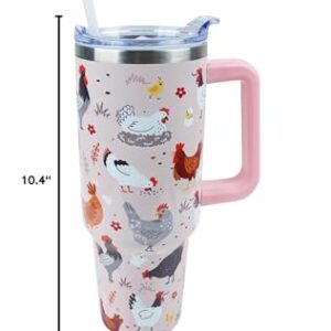 PERRIFIC 40 oz Tumbler with Handle and Straw Lid Leak Proof, Chicken and Rooster Design Coffee Travel Mug with Handle Insulated for Hot and Cold Drink Ice, Mother's Day Birthday Gifts for Women Mom