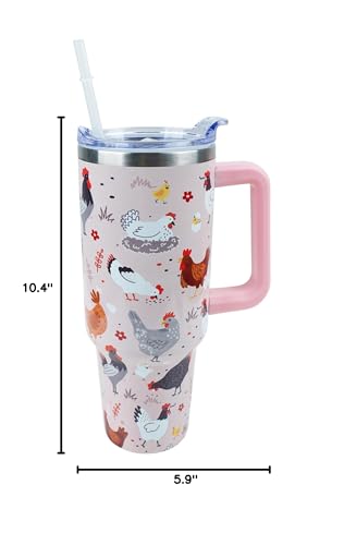 PERRIFIC 40 oz Tumbler with Handle and Straw Lid Leak Proof, Chicken and Rooster Design Coffee Travel Mug with Handle Insulated for Hot and Cold Drink Ice, Mother's Day Birthday Gifts for Women Mom