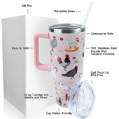 PERRIFIC 40 oz Tumbler with Handle and Straw Lid Leak Proof, Chicken and Rooster Design Coffee Travel Mug with Handle Insulated for Hot and Cold Drink Ice, Mother's Day Birthday Gifts for Women Mom