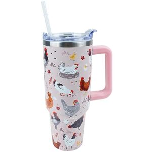 perrific 40 oz tumbler with handle and straw lid leak proof, chicken and rooster design coffee travel mug with handle insulated for hot and cold drink ice, mother's day birthday gifts for women mom