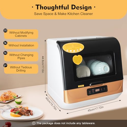 RustyVioum 1200W Kitchen Countertop Dishwasher, Portable Mini Dishwashe 360° Streak-Free Deep Cleaning, 4 Washing Programs Automatic Dish Washing Machine for Home, Apartment, Black