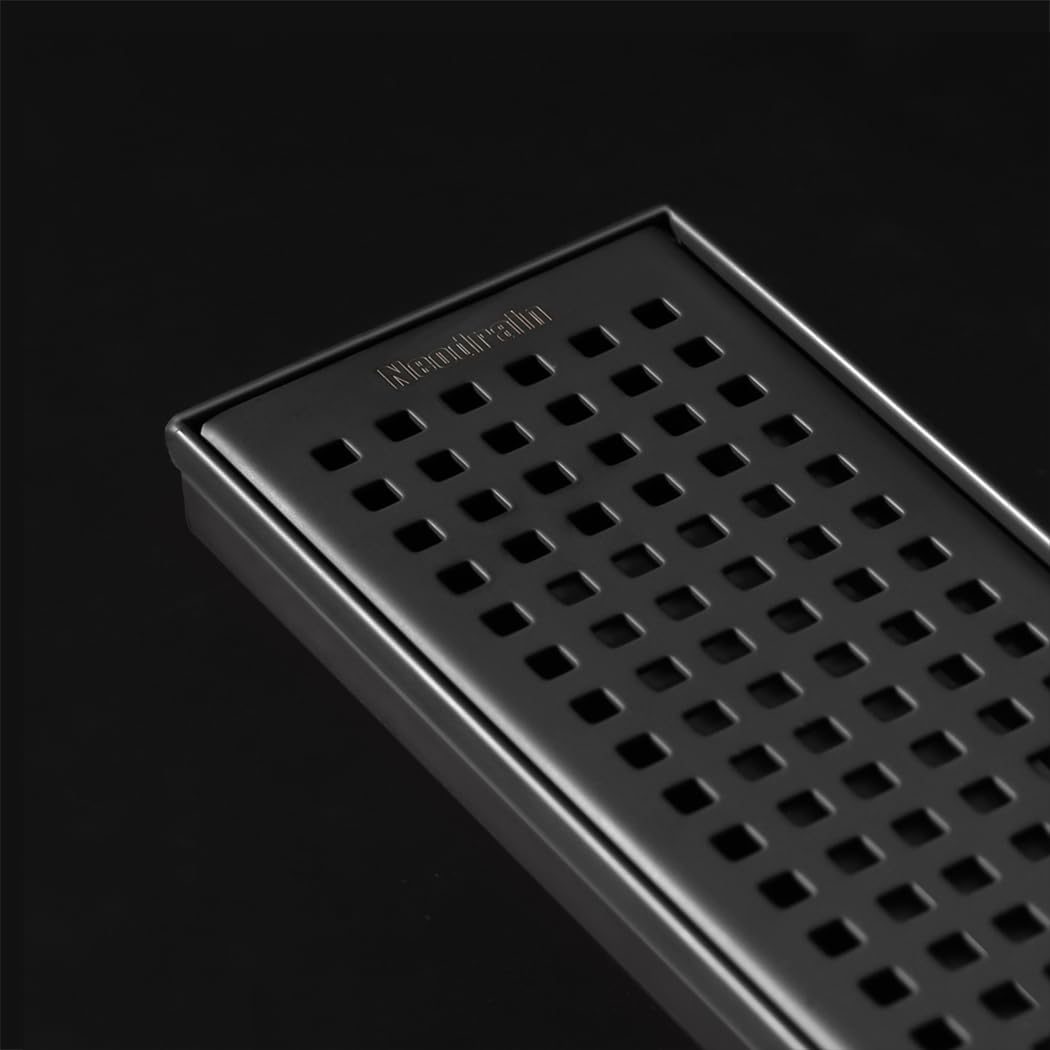 Neodrain 12-Inch Black Linear Shower Drain with Removable Quadrato Pattern Grate,Professional 304 Stainless Steel Rectangle Shower Floor Drain Manufacturer,Leveling Feet,Hair Strainer,Matte Black