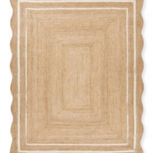 Weaver House Natural Jute Scalloped Rug – Handwoven Bohemian Decorative Rug (7x10 ft - White)