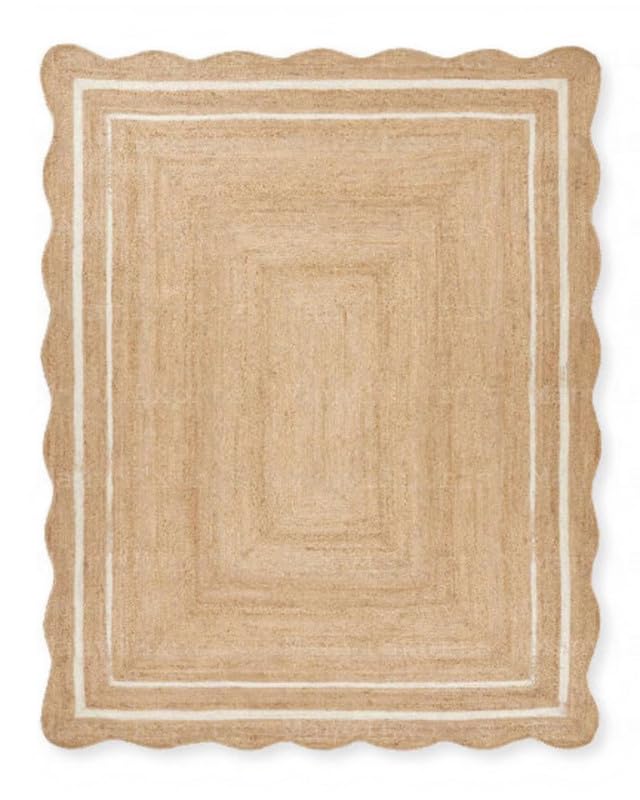 Weaver House Natural Jute Scalloped Rug – Handwoven Bohemian Decorative Rug (7x10 ft - White)