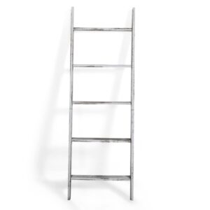 Afaris Gray Washed Wood Decorative Ladder Shelf, 4.5 Foot Wall Leaning Wooden Towel Blanket Ladder Storage Rack for Bathroom or Living Room