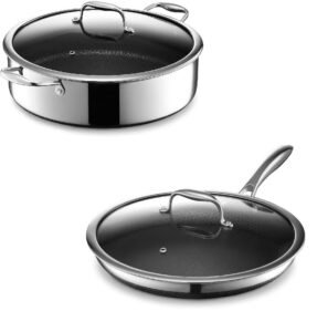 hexclad 7-quart saute pan and 12-inch frying pan with lid set, hybrid nonstick stainless steel, dishwasher and oven safe, works with all cooktops