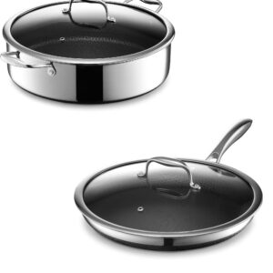 HexClad 7-Quart Saute Pan and 12-Inch Frying Pan with Lid Set, Hybrid Nonstick Stainless Steel, Dishwasher and Oven Safe, Works with All Cooktops