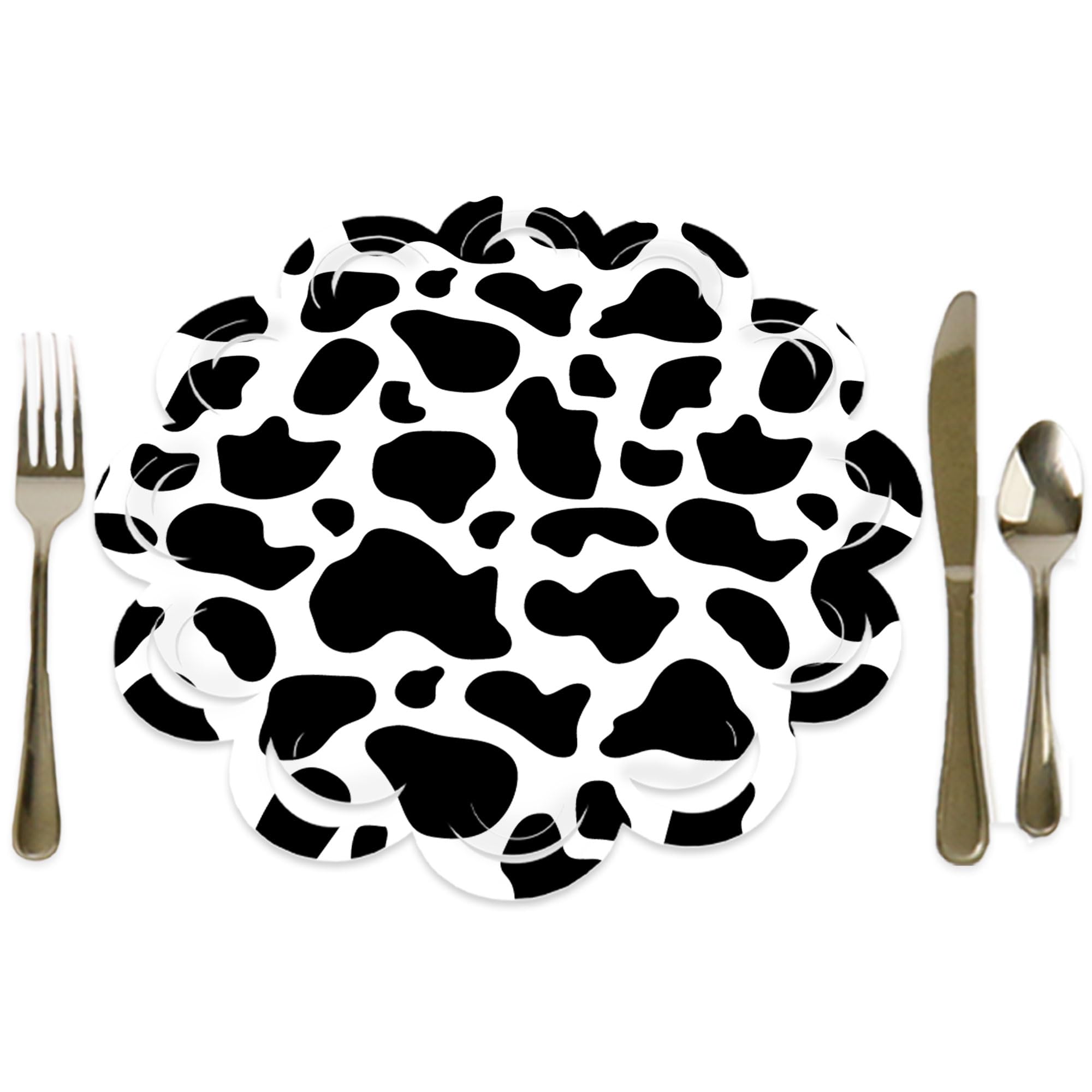 Big Dot of Happiness Cow Print - Farm Animal Party Round Table Decorations - Paper Chargers - Place Setting For 12