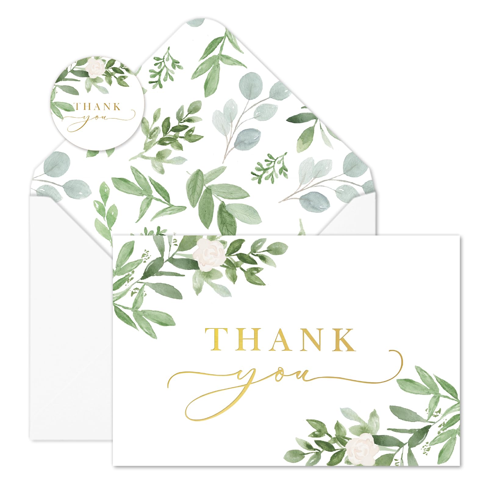 AnyDesign 24 Pack Thank You Cards with Envelopes Stickers Watercolor Green Leaves Blank Note Cards Bulk Eucalyptus Leaf Thank You Greeting Cards for Wedding Baby Shower Bridal Shower, 4 x 6 Inch