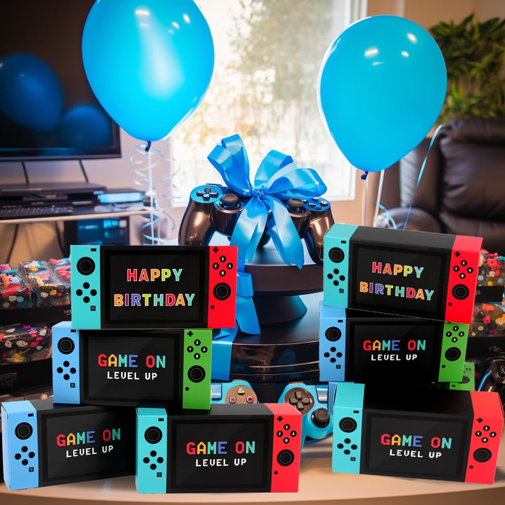 Video Game Party Favor Boxes - 12 PCS Game On Theme Gifts Boxes for Boys Kids Video Game Birthday Party Supplies Goodie Candy Bags Gamer Party Decorations