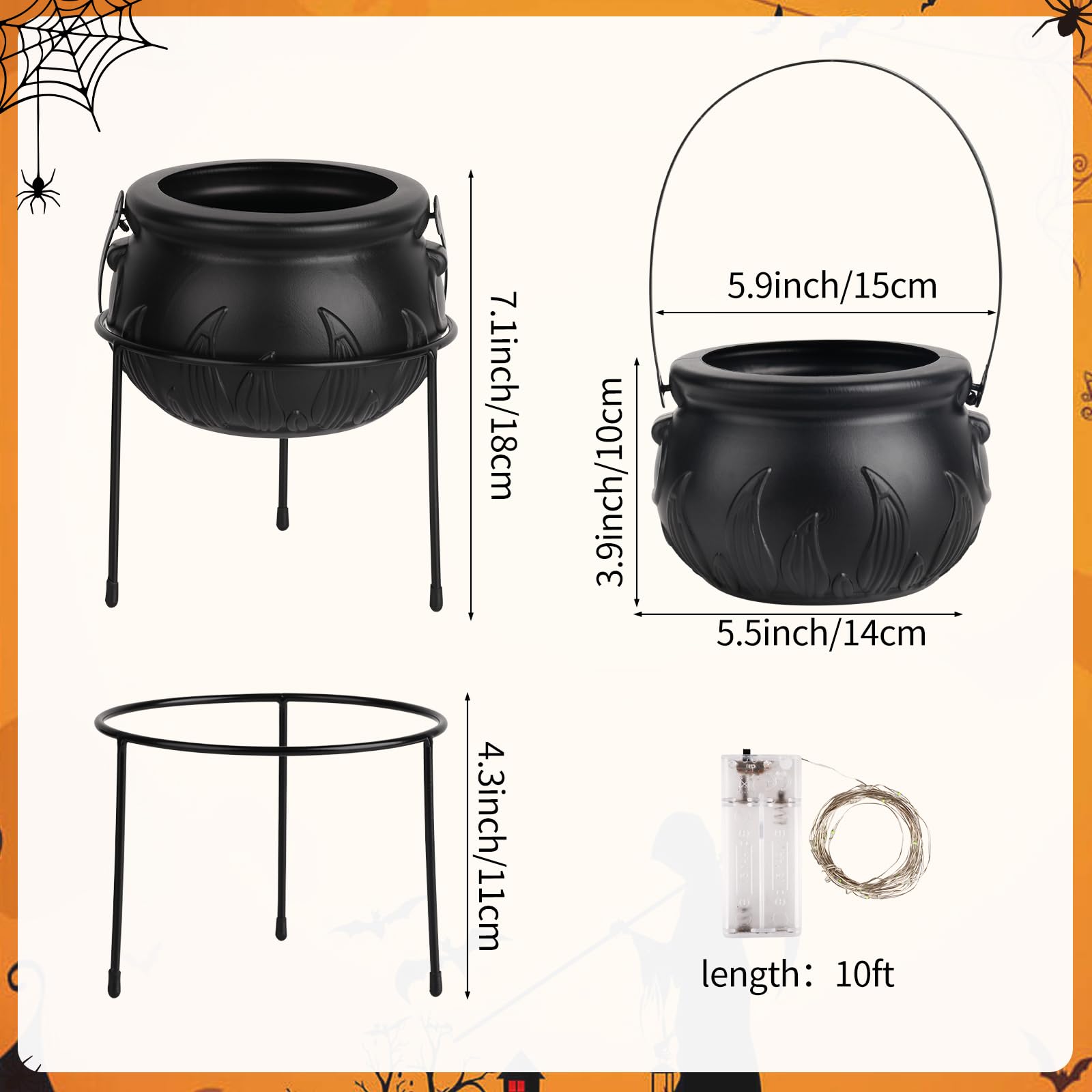 Halloween Decor Witches Cauldron Halloween Candy Bowl Serving Dishes Set of 3 Black Plastic Cauldron with Iron Rack Halloween Cauldron Candy Bucket Punch Bowls for Indoor Outdoor Party Decorations