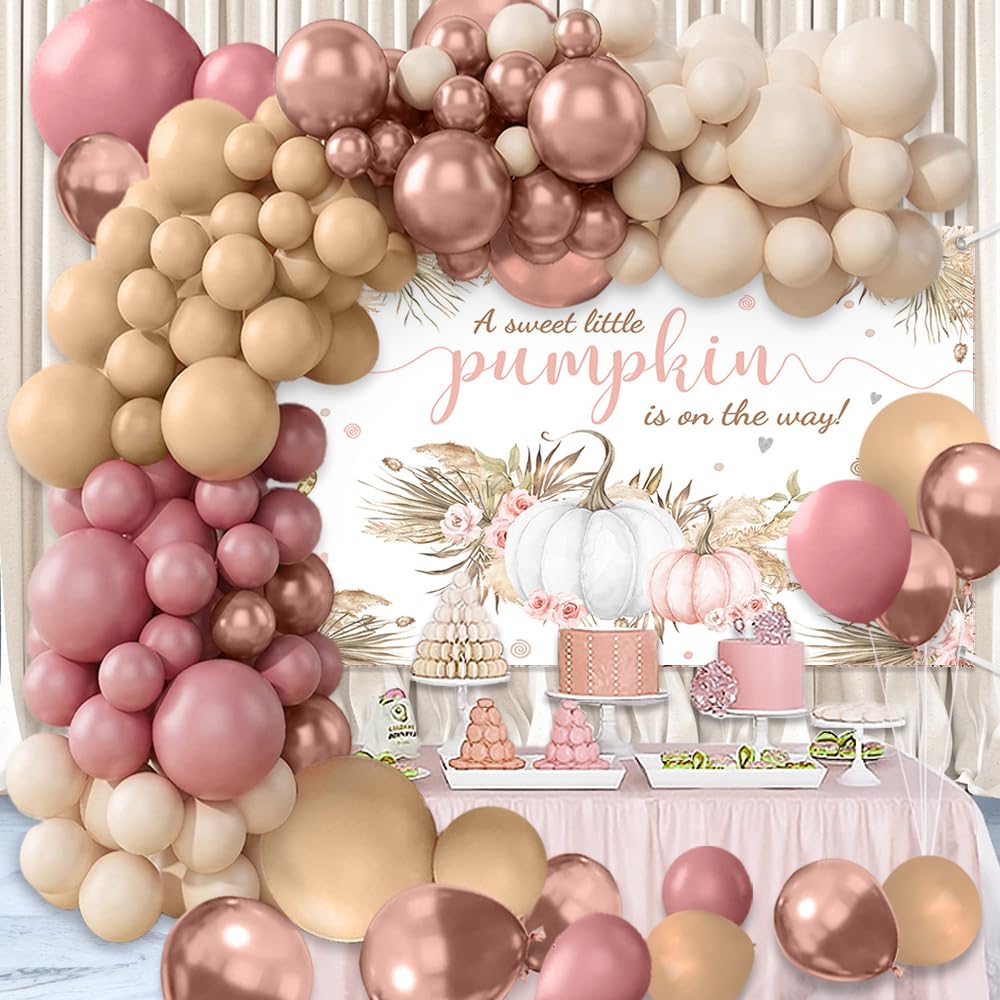 MEHOFOND Boho Baby Shower Party Decorations Set 156pcs Retro Boho Balloons Set Fall Pumpkin Girl Baby Shower Backdrop Pink Floral A Little Pumpkin Is On The Way Banner Boho Balloon Garland Arch Kit